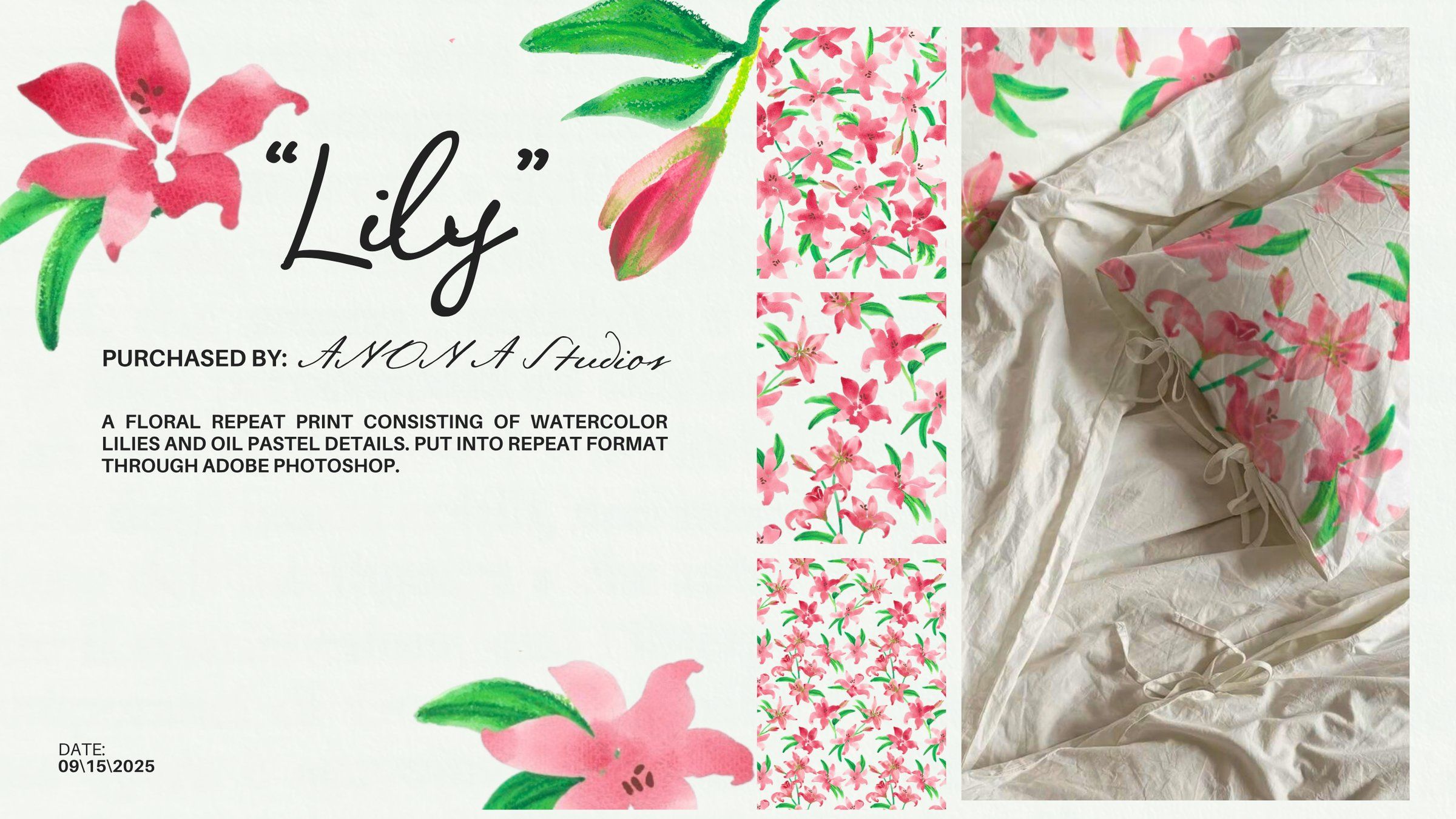 Her "Lily" print page: watercolor lily motifs, three repeat scales of the print, and a photo of the print on white bedding, purchased by ANONA Studio.