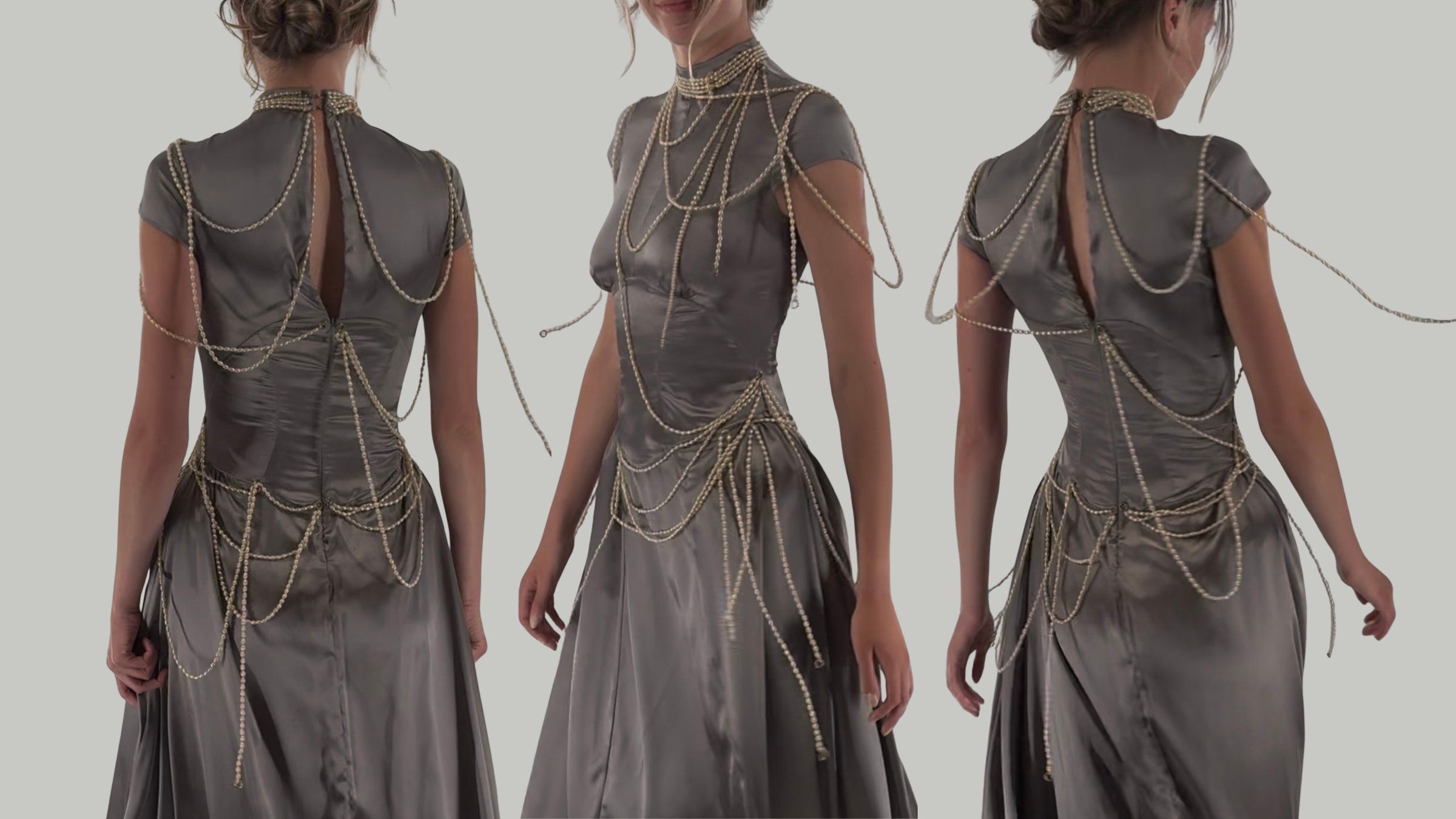 Three views of the silver silk satin dress, back, front, and back three-quarter, with strands of beads draped over the bodice and hips.
