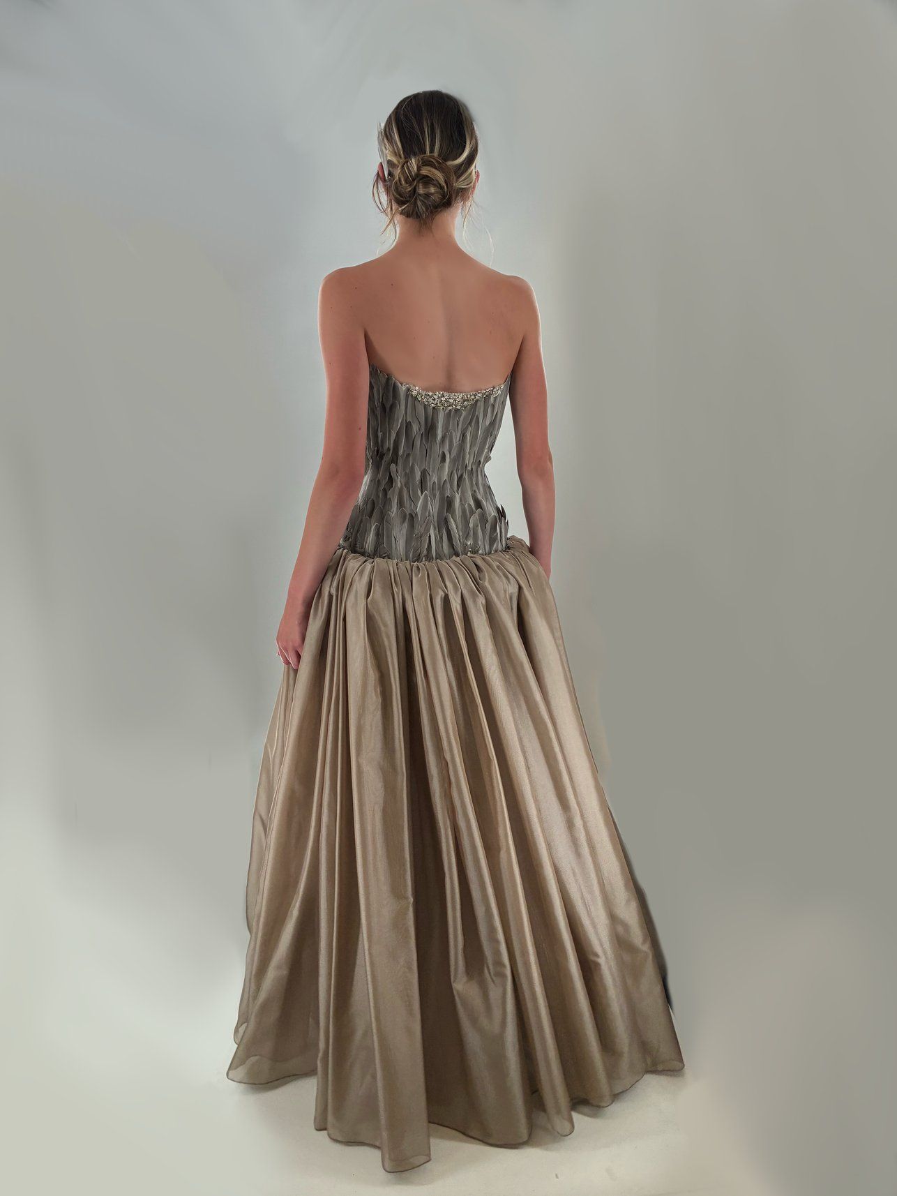 Back view of the Look 4 gown on a gray studio backdrop, showing the feathered bodice and full gathered skirt.