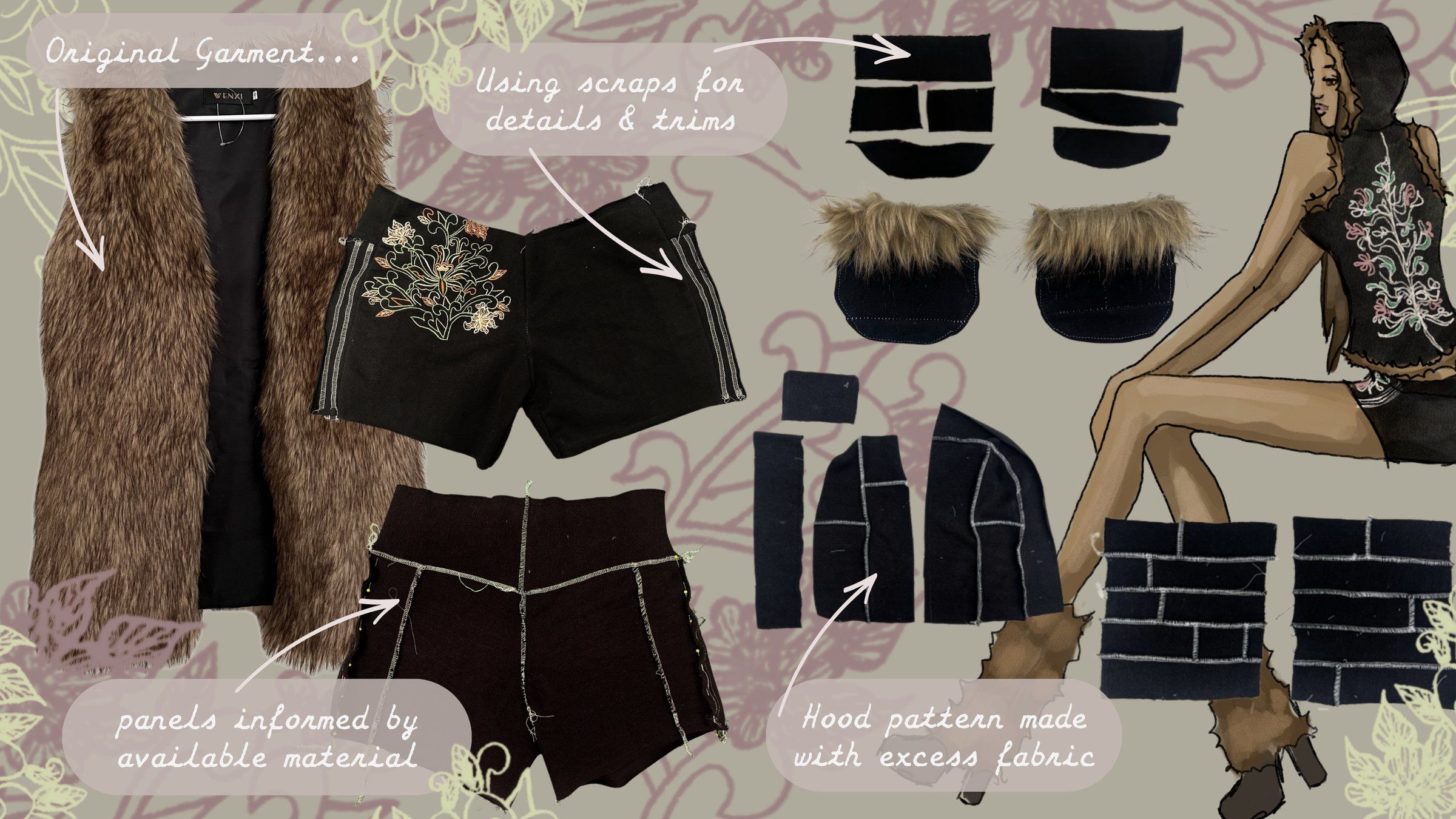 Process page with a second original garment (a long fur vest), the shorts in progress, hood pattern pieces, pieced scrap panels, and a seated sketch of the finished look.