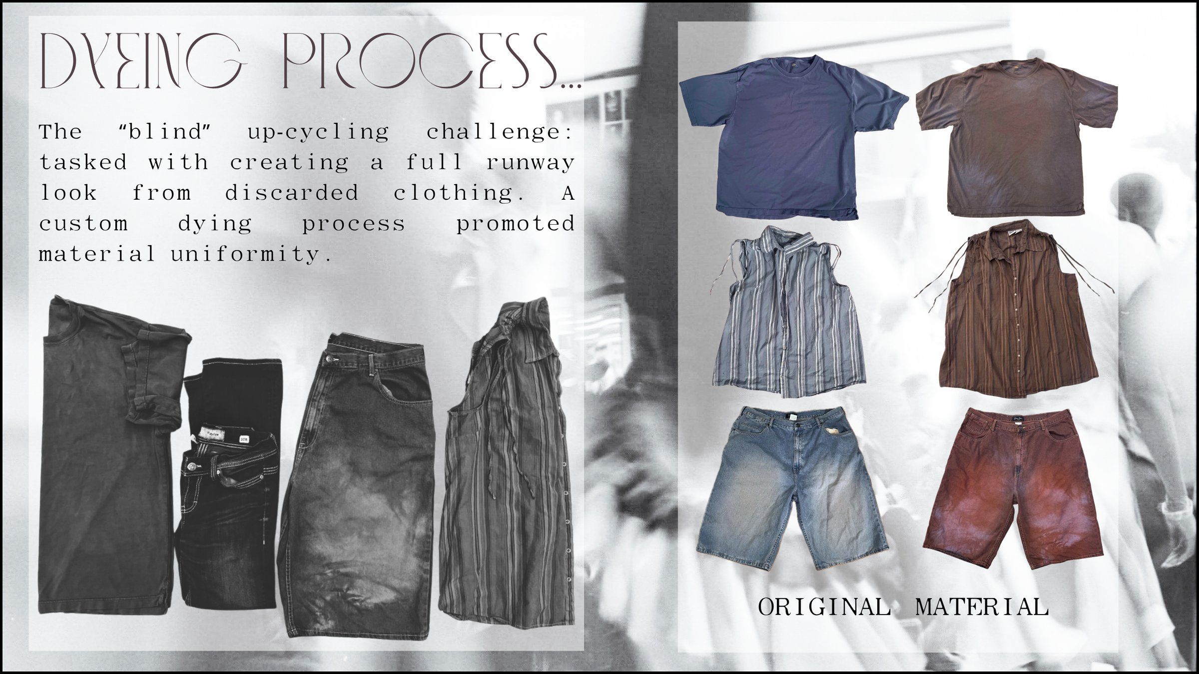 Dyeing process page with the challenge text, dyed garments laid out in black and white, and the original material: a blue T-shirt, striped shirt, and denim shorts beside their brown and red dyed versions.