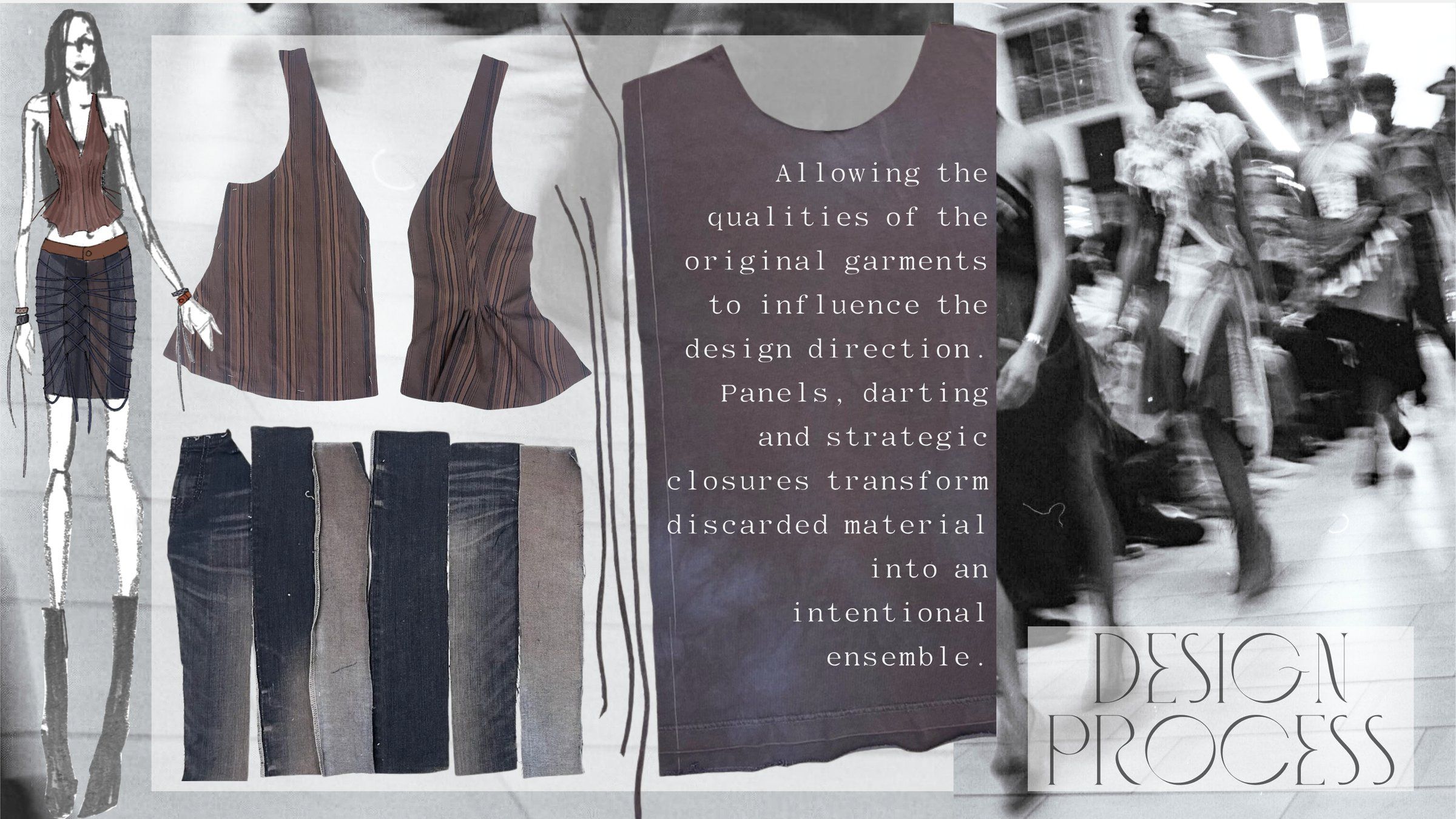Design process page with her sketch of the look, the cut striped top panels, strips of cut denim, a cut T-shirt panel with cord ties, and a runway photo.