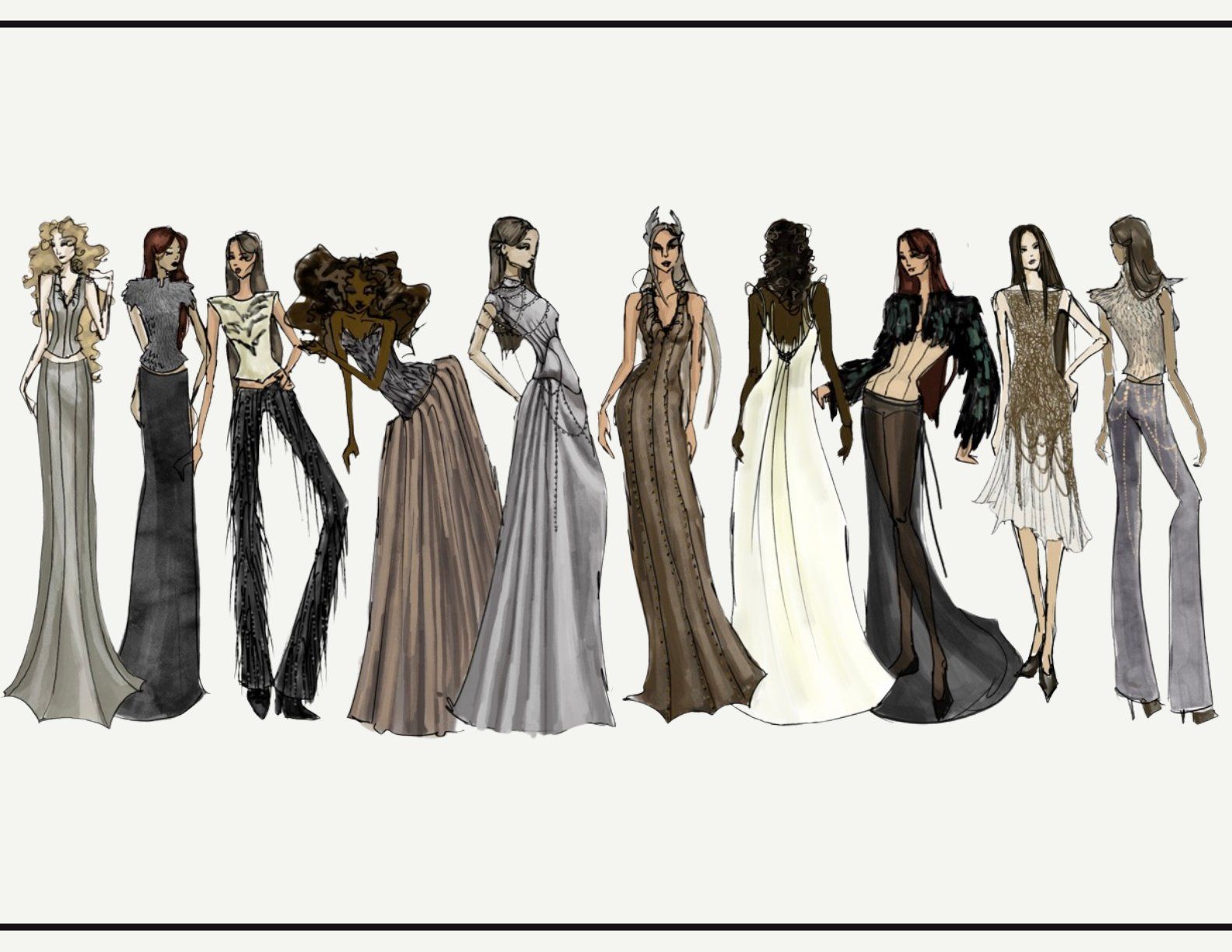 Lineup of ten colored fashion illustrations showing the full collection in ivory, gray, taupe, brown, and black.