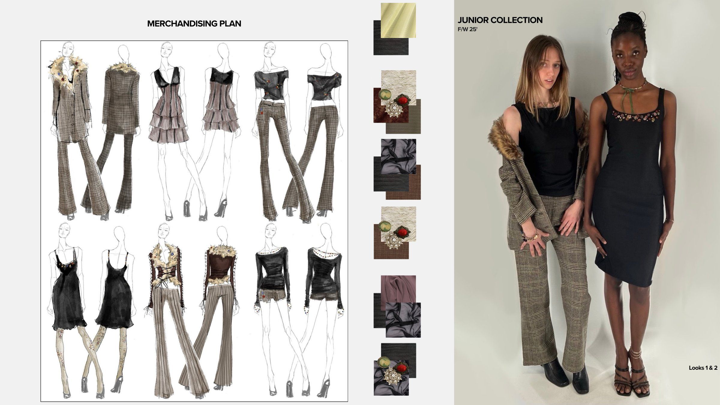 Merchandising plan page with twelve illustrated figures in plaid, black knit, and mauve pieces, fabric and trim swatches, and a photo of Looks 1 and 2 together.