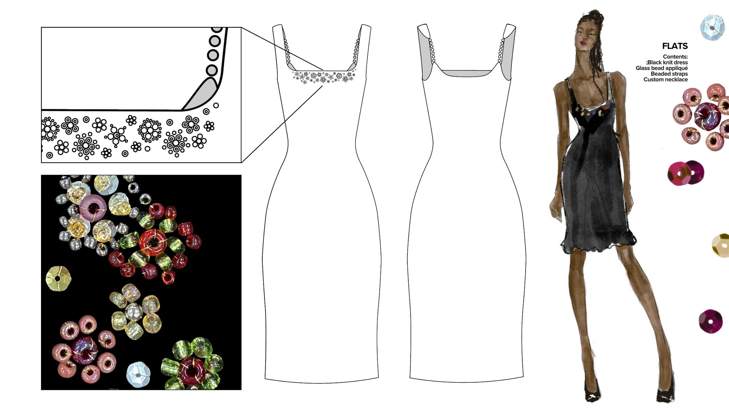 Flats page for the black knit dress, with front and back flats, a close-up drawing of the beaded neckline, a photo of loose glass beads, and a fashion illustration.