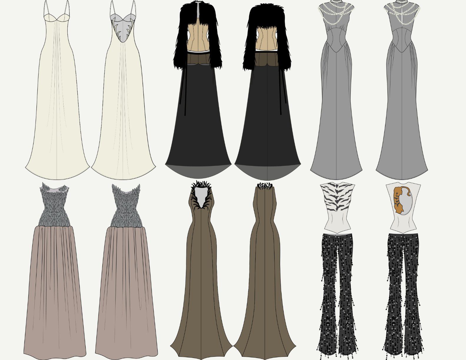 Front and back flat sketches of six looks: the ivory gown, the feather jacket and skirt, the beaded gray gown, the feather-bodice gown, the brown gown with feathered neckline, and the top with fringe pants.