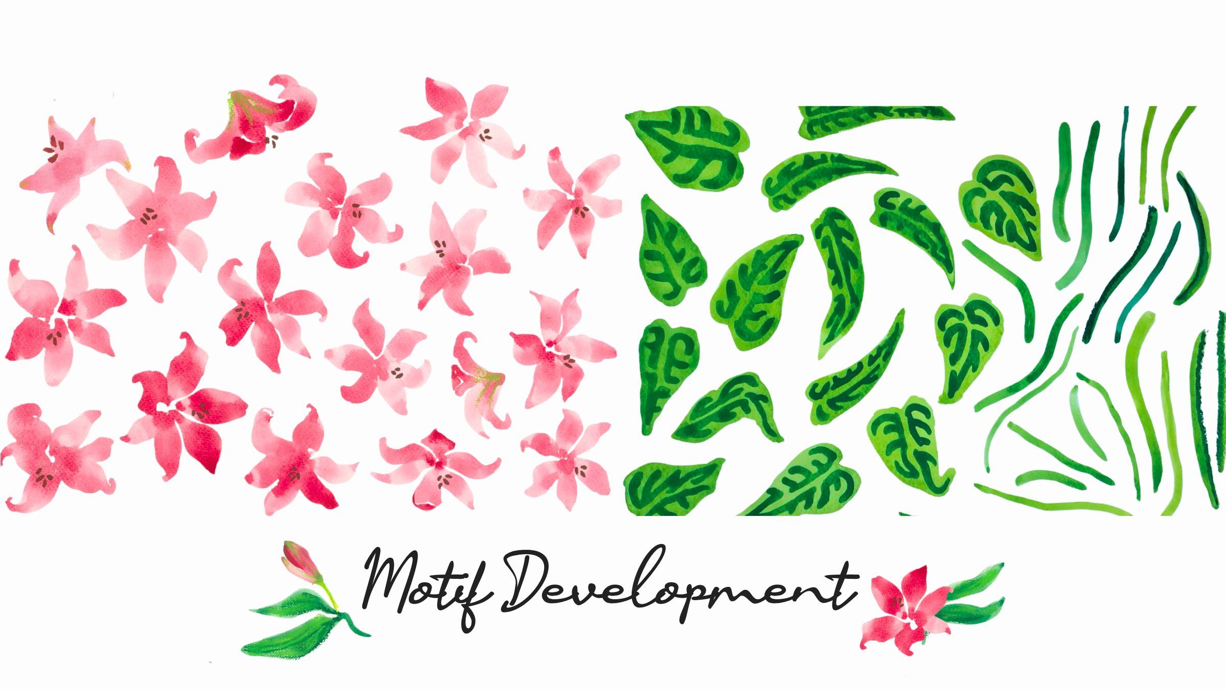 Motif Development page with rows of pink watercolor lilies beside green leaf and stem motifs.