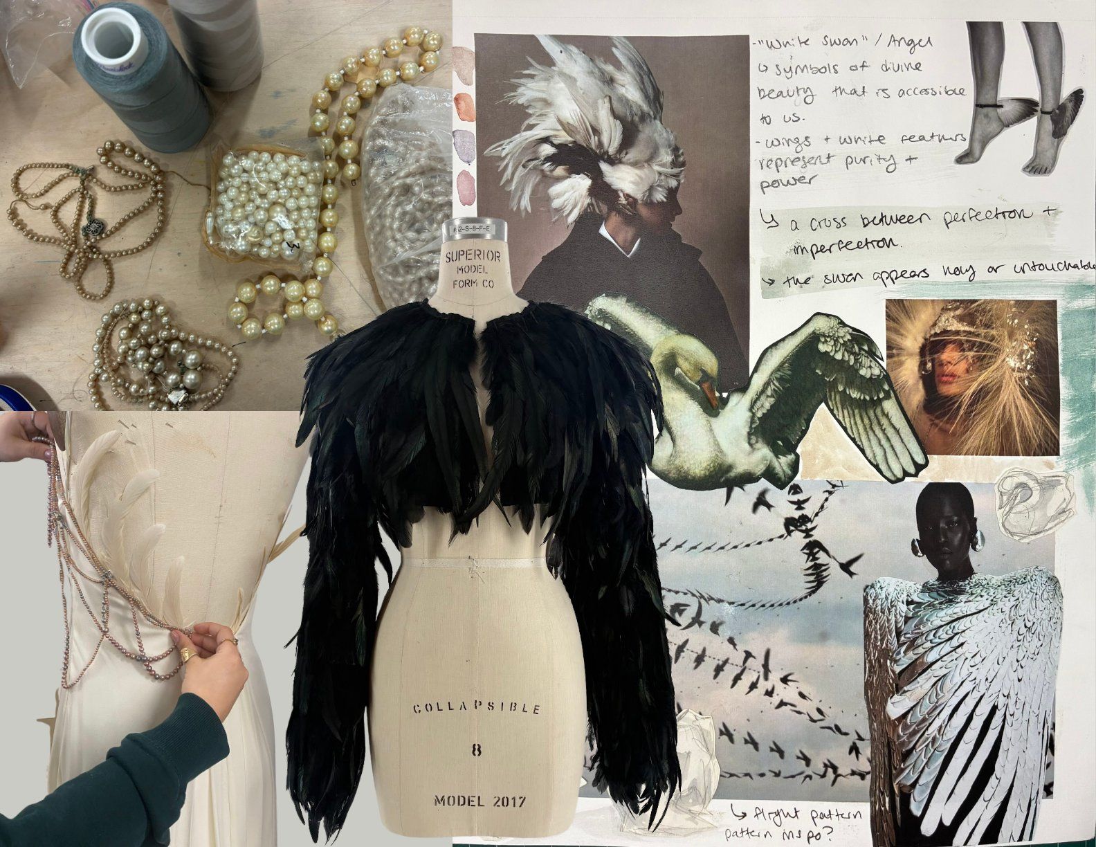 Process collage of pearl strands and thread on a worktable, the black feather jacket on a dress form, beads being draped on the ivory gown, and a sketchbook page of swan and wing references with handwritten notes.