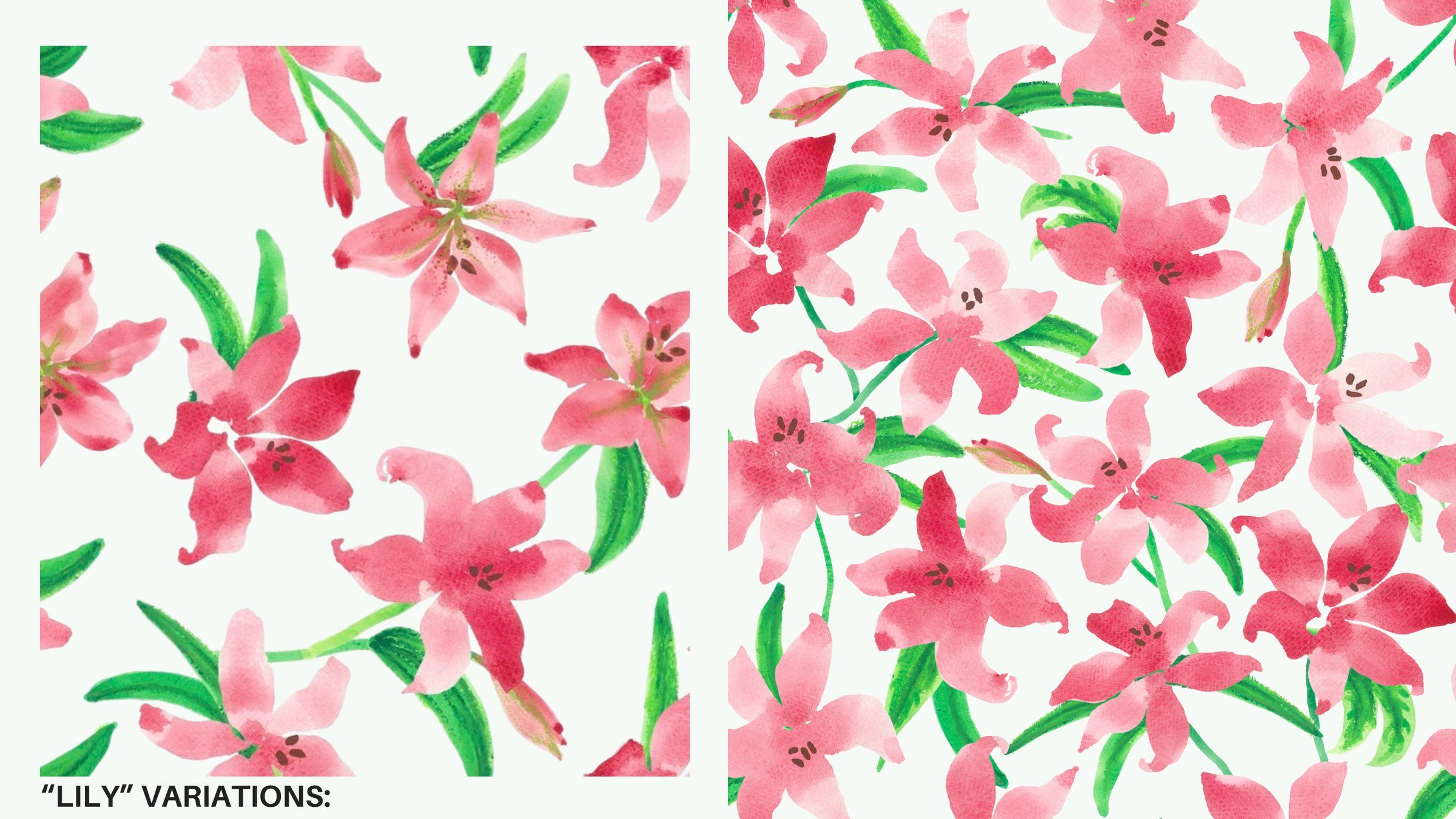 Two variations of the lily repeat print side by side, one open and spaced, one dense.