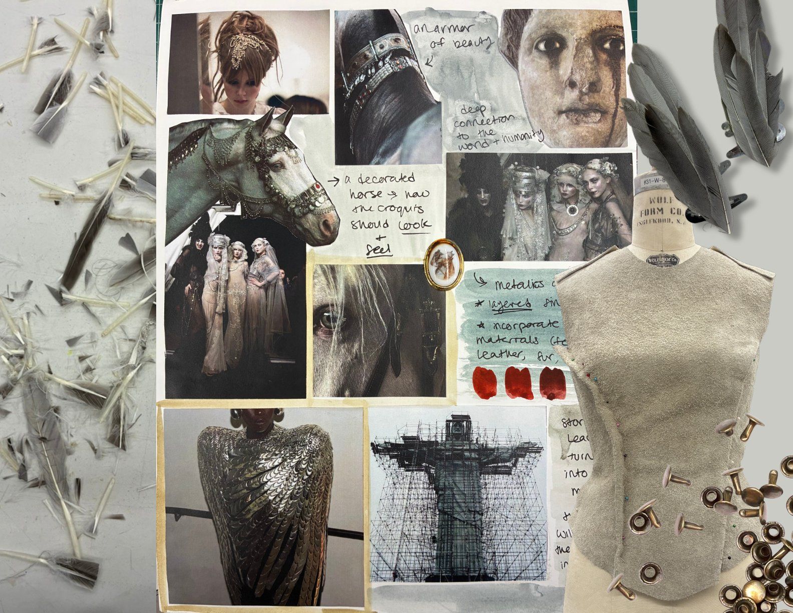 Process collage of a sketchbook page with decorated horse, headpiece, and statue references and handwritten notes, beside cut feathers, bronze studs, and the suede top pinned on a dress form.