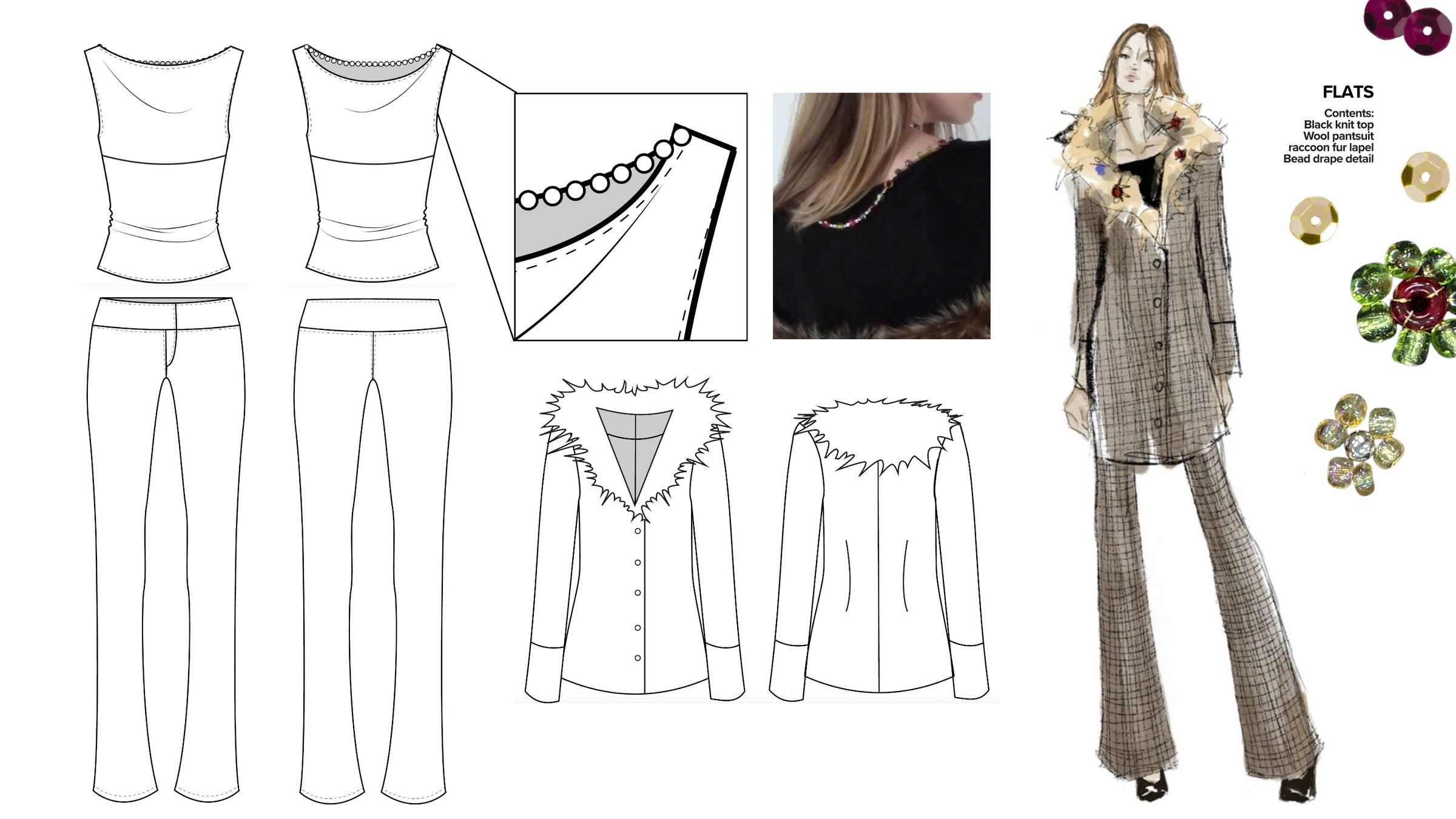Flats page for the plaid suit, with flats of the black knit top, trousers, and fur-collared jacket, a bead strand detail, and a fashion illustration.