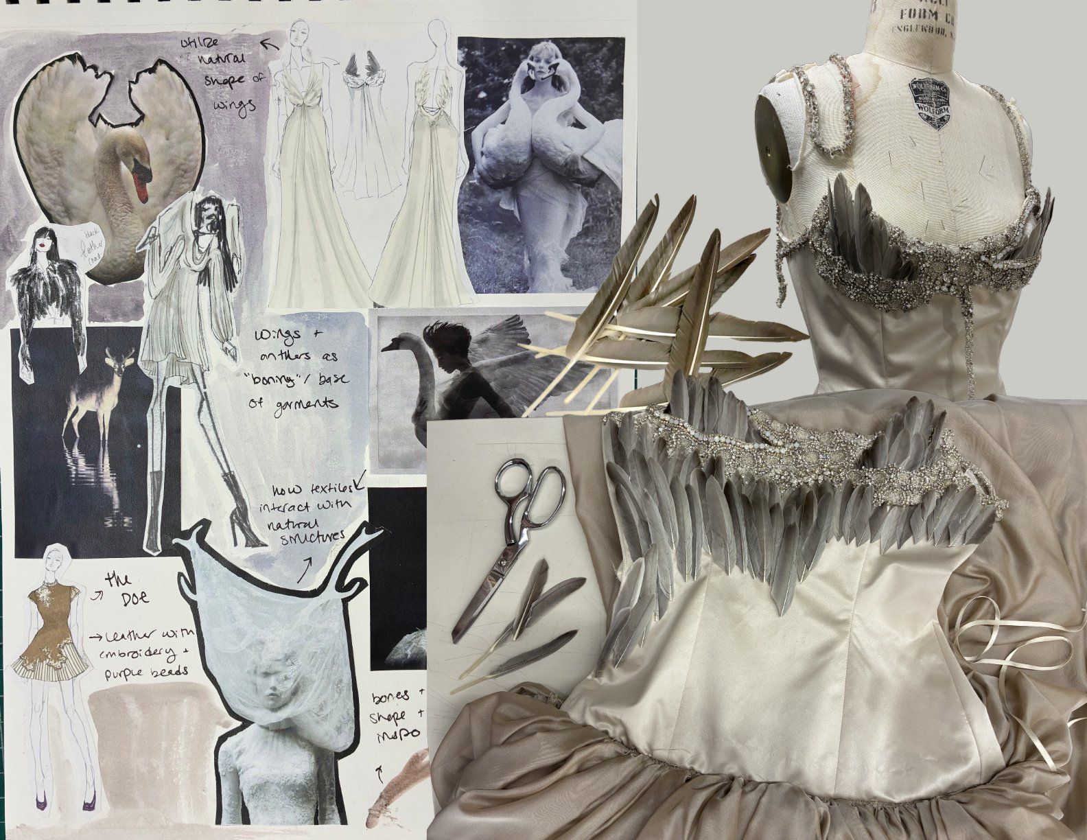 Process collage of a sketchbook page with swan, wing, and antler references, design sketches, and notes, beside the feathered, jeweled bodice of the Look 4 gown on a dress form with scissors and loose feathers.