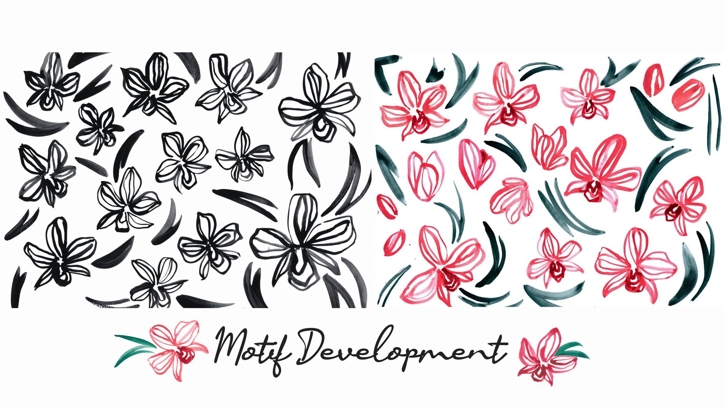 Motif Development page with brush-ink orchids in black on the left and in red with dark green leaves on the right.