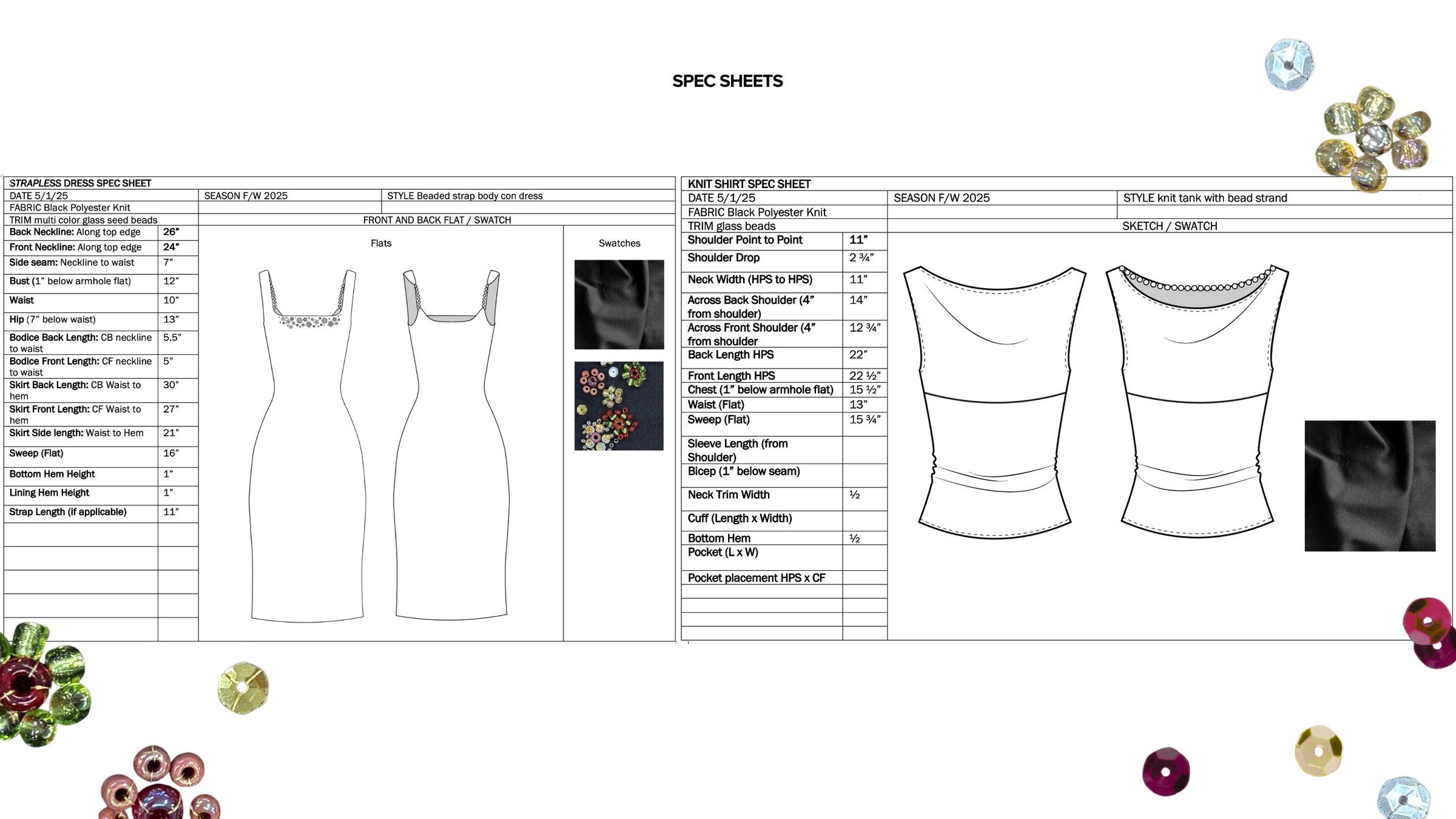 Spec sheets for the beaded strap dress and the knit tank, with measurement tables, flats, and fabric and bead swatches.