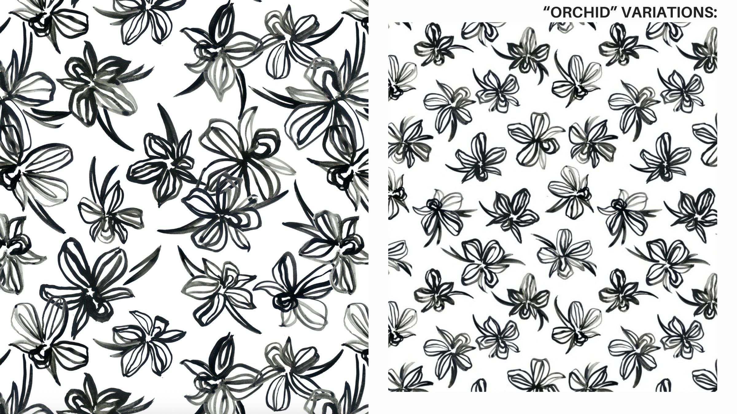 Two variations of the black brush-ink orchid repeat print, one large-scale and one small, evenly spaced.
