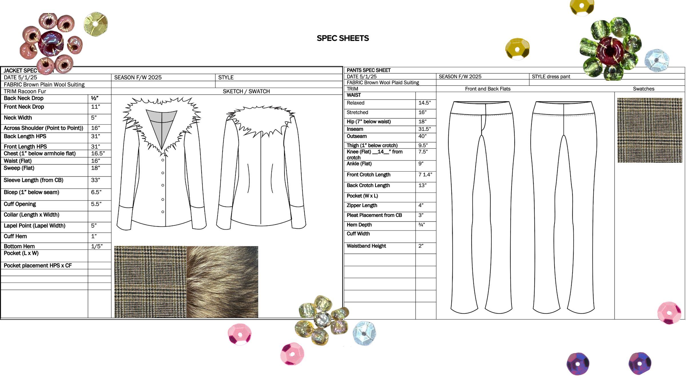 Spec sheets for the plaid jacket and trousers, with measurement tables, flats, and plaid wool and fur swatches.