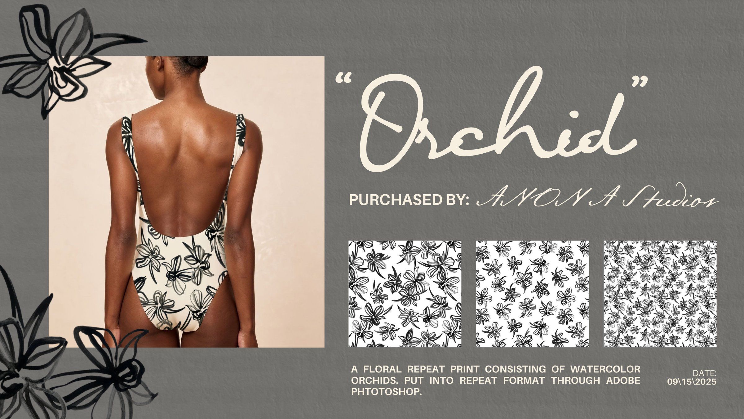 Her "Orchid" print page with a back view of a cream swimsuit in the black orchid print, three repeat scales, and a note that ANONA Studio purchased the print.
