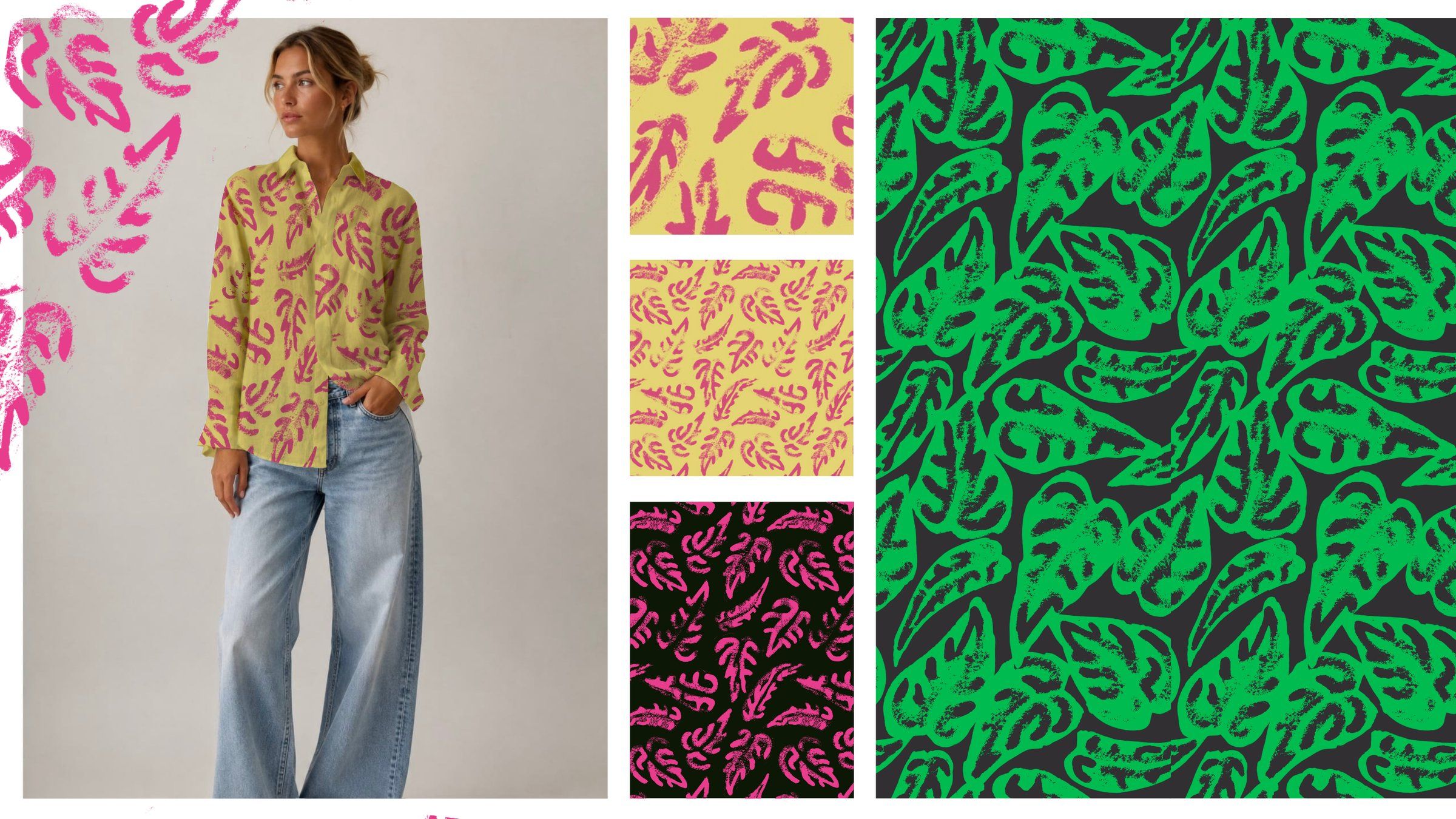 Model in a yellow button-up shirt with a pink brushed leaf print and wide-leg jeans, beside yellow, black, and dark gray colorways of the leaf print.