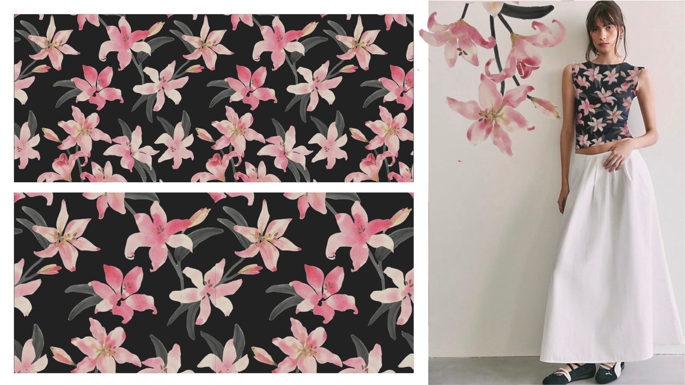Two scales of the lily print on a black ground beside a model in a sleeveless lily-print top and a long white skirt.