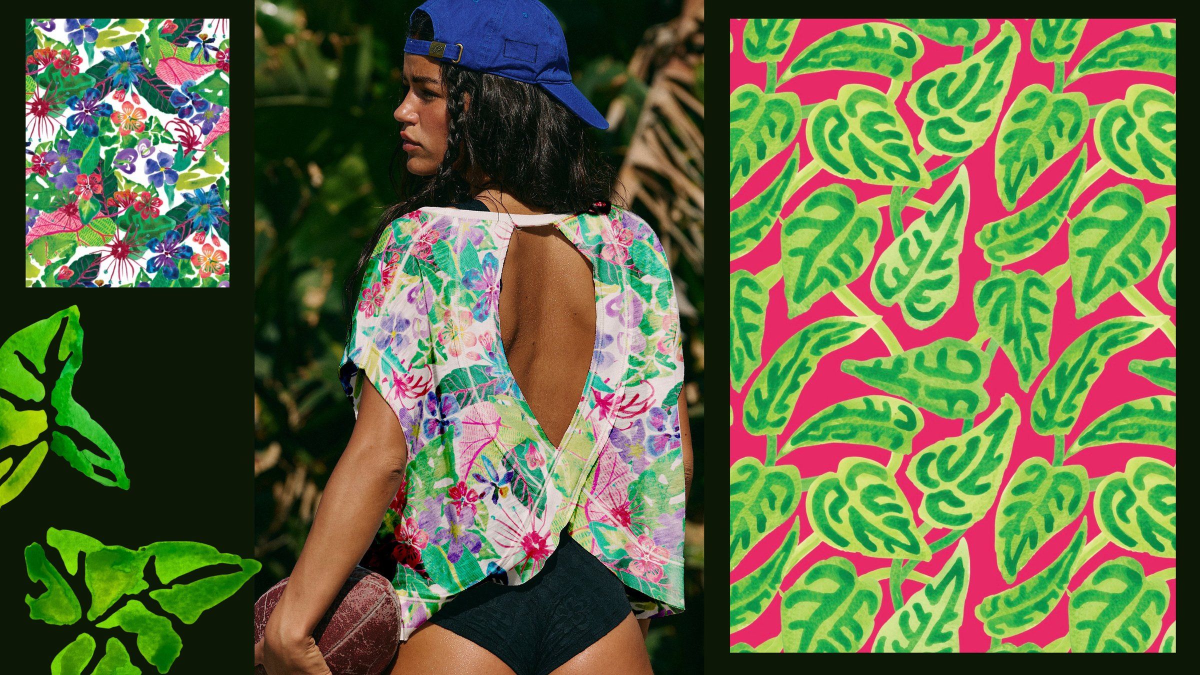 Model seen from behind in an open-back top with a tropical floral print, between a swatch of that print and a green leaf print on a pink ground.